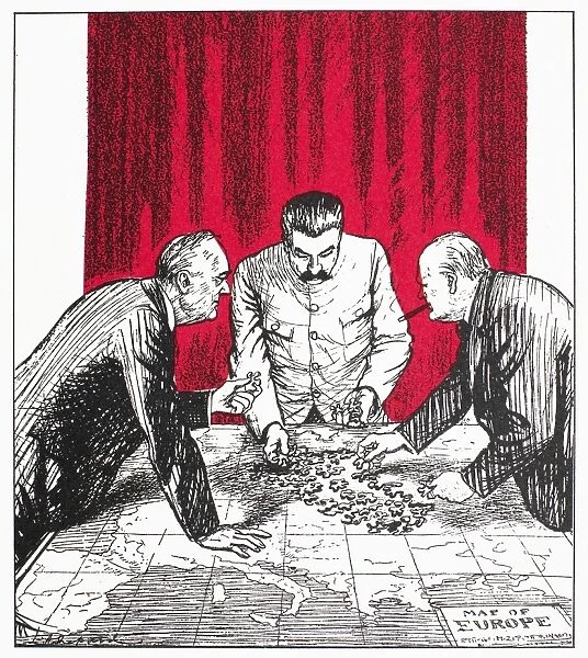The Pellmell of the European Puzzle. English cartoon by Ernest Howard Shepard, c1945, showing Franklin D. Roosevelt, Joseph Stalin, and Winston Churchill trying to bring some order to the confused map of Europe