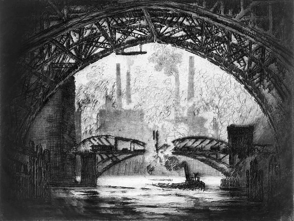 PENNELL: CHICAGO, 1910. Under the Bridges, Chicago. Etching by Joseph Pennell, 1910