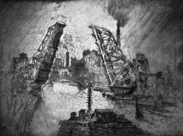 PENNELL: CHICAGO, 1910. A raised drawbridge in Chicago, Illinois. Etching by Joseph Pennell