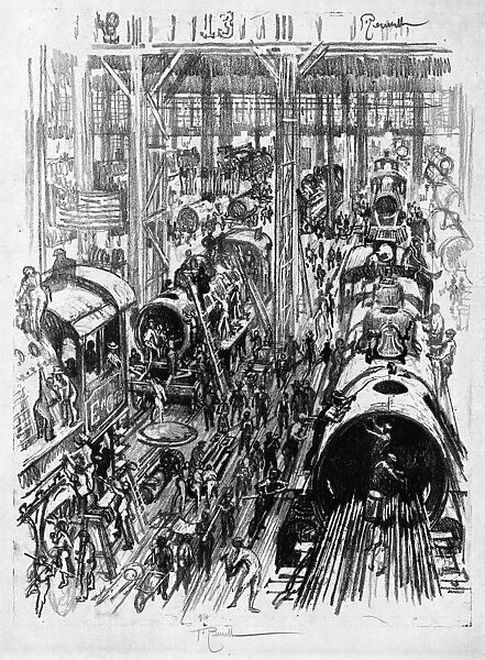 PENNELL: ENGINES, 1917. Men at work in a locomotive factory, constructing railroad