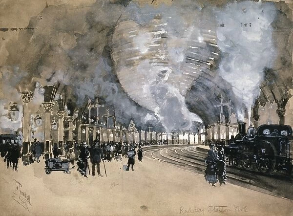 PENNELL: ENGLAND, 1895. A railway station in York, England. Drawing by Joseph Pennell