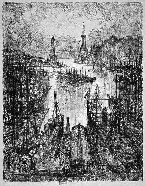 PENNELL: GENOA, 1913. The harbor, Genoa. Etching by Joseph Pennell, 1913