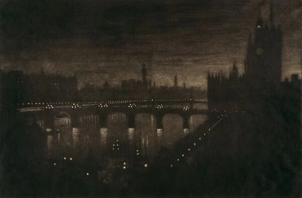 PENNELL: LONDON, 1909. Westminster Palace and bridge across the Thames River at night