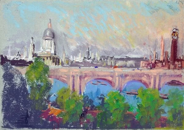 PENNELL: LONDON, c1900. View of London over the Waterloo Bridge. Pastel drawing by Joseph Pennell