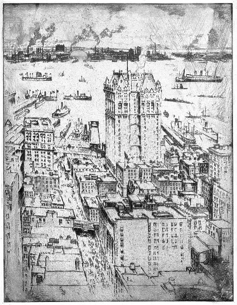 PENNELL: NEW YORK, 1908. The West Street building in the New York City skyline