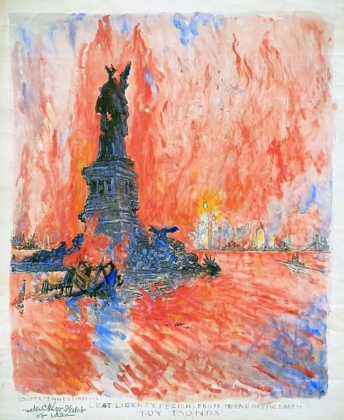 PENNELL: NEW YORK CITY. The Statue of Liberty in ruins and New York City in flames