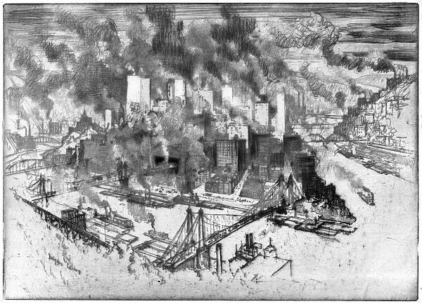 PENNELL: PITTSBURGH, 1909. The skyline of Pittsburgh, Pennsylvania. Etching by Joseph Pennell