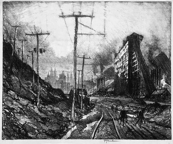 PENNELL: SHENANDOAH, 1910. Workers walk along a track near a coal breaker in Shenandoah
