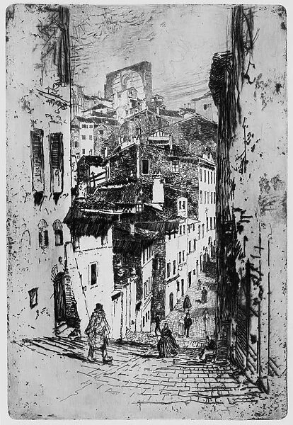 PENNELL: SIENA, 1883. Up and down in Siena. Pedestrians on a steep steet in Siena, Italy