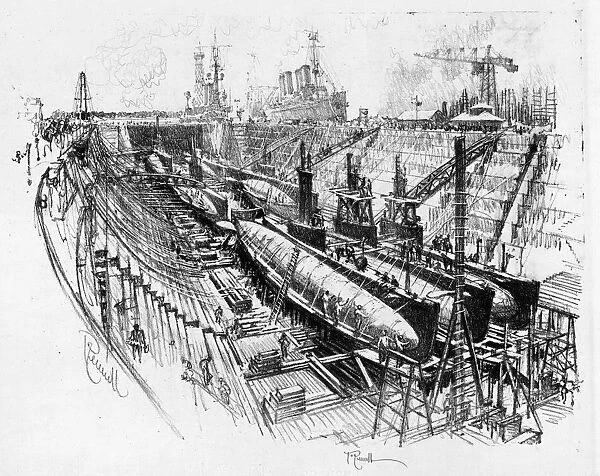PENNELL: SUBMARINES, 1917. Submarines in dry dock. Etching by Joseph Pennell, 1917