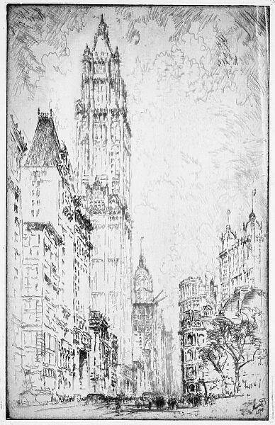 PENNELL: WOOLWORTH, 1916. The Woolworth Building in New York City. Etching by Joseph Pennell