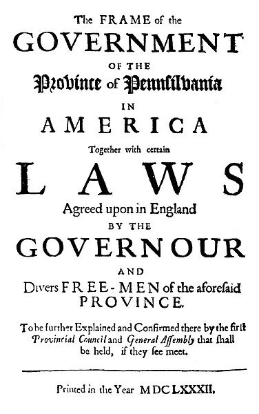 PENNSYLVANIA: TITLE PAGE. Title page of The Frame of the Government of the Province