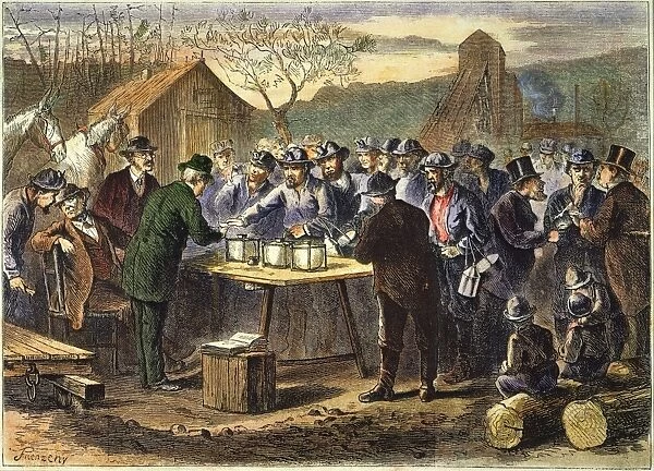 PENNSYLVANIA: VOTING, 1872. Pennsylvania miners voting at their colliery in 1872: colored engraving