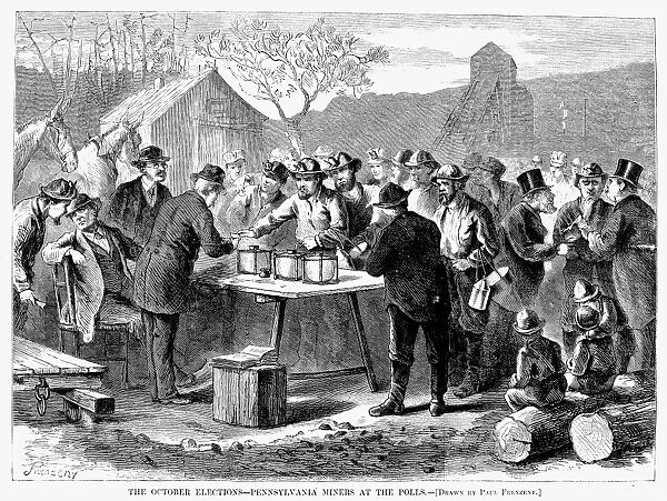 PENNSYLVANIA: VOTING, 1872. Pennsylvania miners voting at their colliery in 1872. Wood engraving from an American newspaper of 1872
