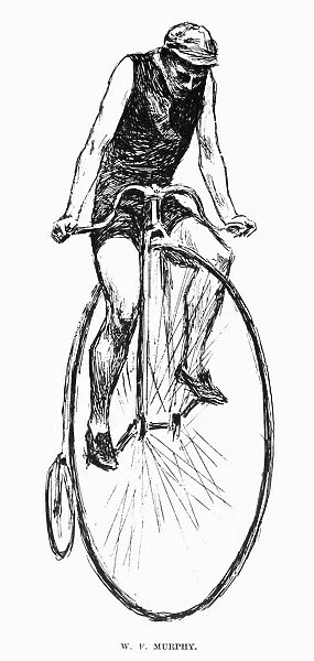 PENNY FARTHING BICYCLE. W. F. Murphy in a bicycle race, 1890. Wood engraving from a contemporary American newspaper
