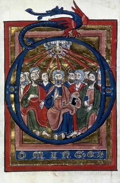PENTECOST. Historiated initial D from a German psalter, early 13th century