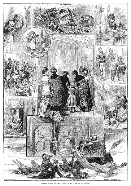 PERILS OF DAILY LIFE, 1881. Common Perils of Daily LIfe. Engraving after a drawing by Yeager