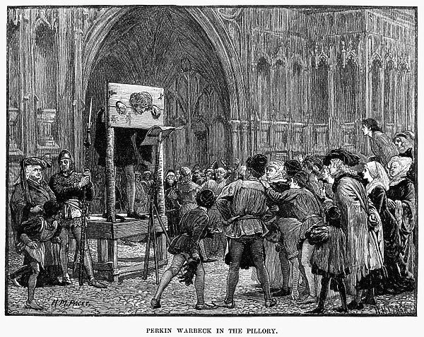 PERKIN WARBECK (c1474-1499). Flemish impostor; professed to be Richard, Duke of York, second of Edward IVs sons. Reading his confession while in the pillory outside Westminster Hall, London, 1498. Wood engraving, American, 1884, after Henry M. Paget