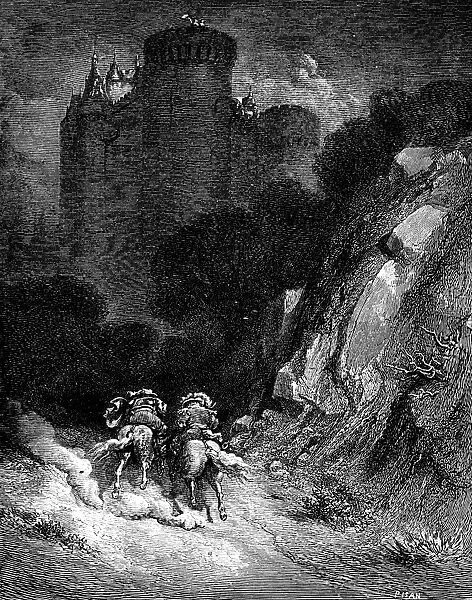 PERRAULT: BLUEBEARD, 1867. The brothers of Bluebeards wife riding to Bluebeards castle. Wood engraving from an 1867 edition of the Charles Perrault fairy tale illustrated after Gustave Dor