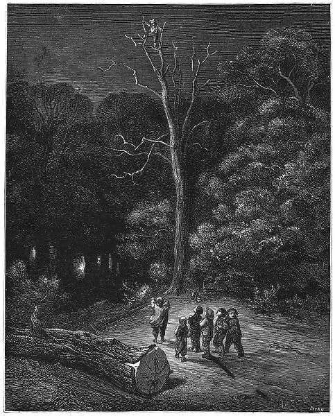 PERRAULT: TOM THUMB, 1867. Far away shone a single ray. Wood engraving after Gustave Dore