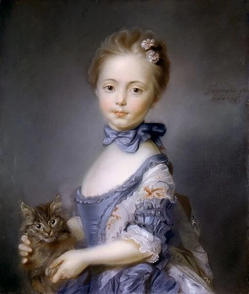 PERRONNEAU: GIRL, 1745. J. B. Perronneau: Girl with a kitten. Pastel, 1745