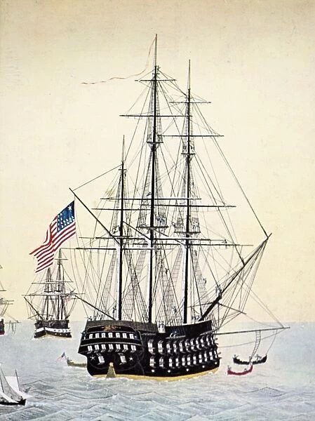 PERRYs EXPEDITION TO JAPAN. One of the ships in Commodore Matthew Perrys expedition to Japan, 1852-1854. Detail from a Japanese paper screen, 1854, by an unknown artist