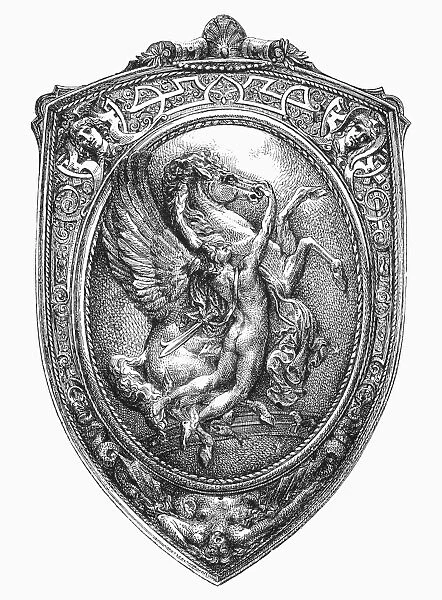 PERSEUS AND PEGASUS. French Renaissance shield depicting Perseus taming Pegasus. Line engraving, c1900