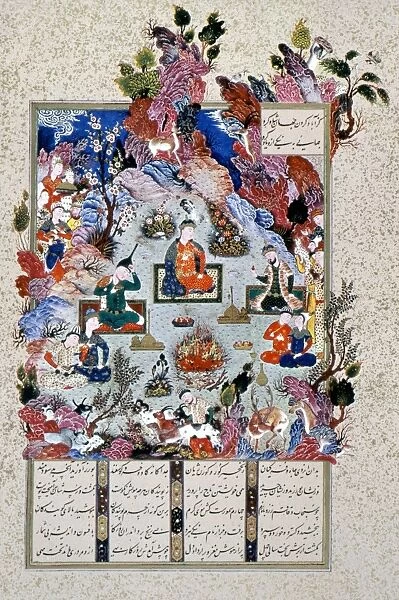 PERSIAN MINIATURE, c1525. The worship of fire as a divine gift by Hushang (Feast of Sadeh)