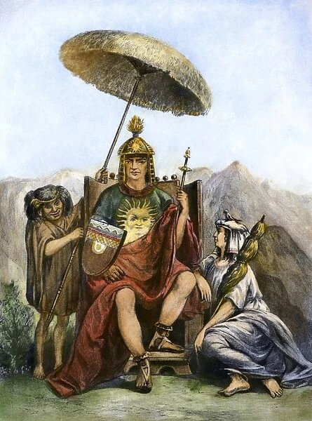 PERU: INCA KING. An Inca king of Peru on his throne with his wife and dwarf. Photogravure