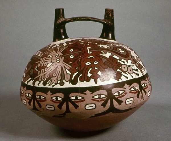PERU: NAZCA JAR. Ceramic jar with two spouts, painted with a centipede motif, by
