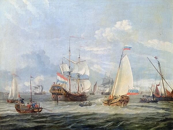 PETER I (1672-1725). Czar of Russia, 1682-1725. Peter I reviewing Dutch ships in Amsterdam Harbor