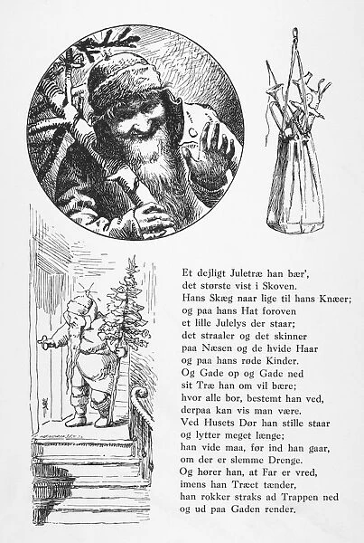 PETERS JUL, c1870. Father Christmas arriving with the Christmas tree at Peters house. Engraved illustrations from Peters Jul (Peters Christmas), a Danish childrens story published at Copenhagen, c1870