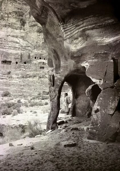 PETRA, TRANSJORDAN: CAVE. Exterior of a cave in Petra, Transjordan. Photograph, 1936