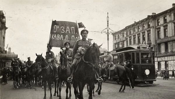 PETROGRAD, c1917. Soldiers on horseback in the streets of Petrograd, Russia
