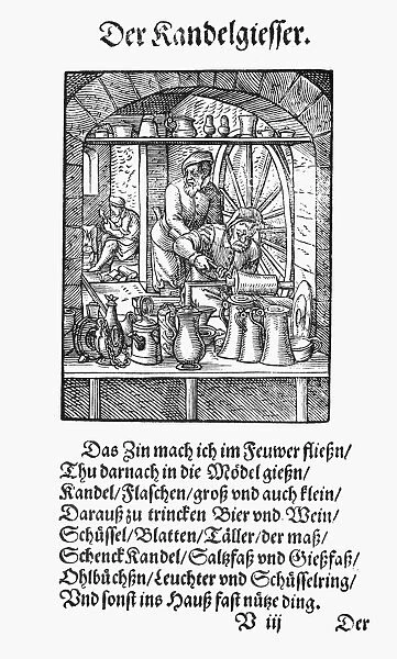 PEWTERWARE, 1568. The pewterer melts the pewter, then pours it into molds for flagons and bottles