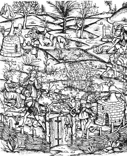 PHARMACY, c1500. A medieval herb garden and distillery. Woodcut, German, c1500