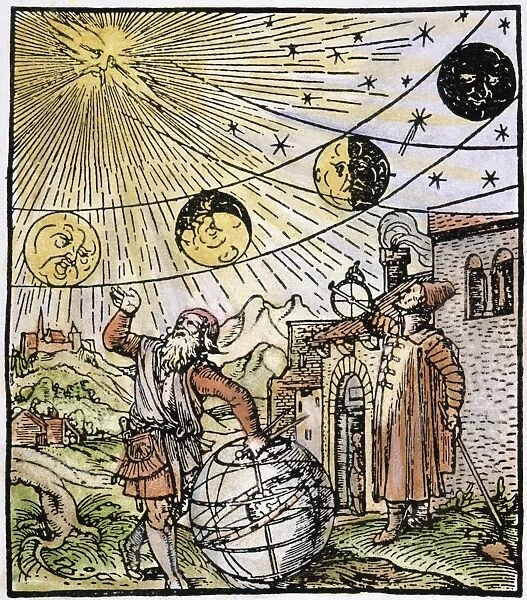 PHASES OF THE MOON. Woodcut designed by Hans Holbein the Younger from Sebastian Munsters Canones super novum instrumentum luminarium, Basel, 1534