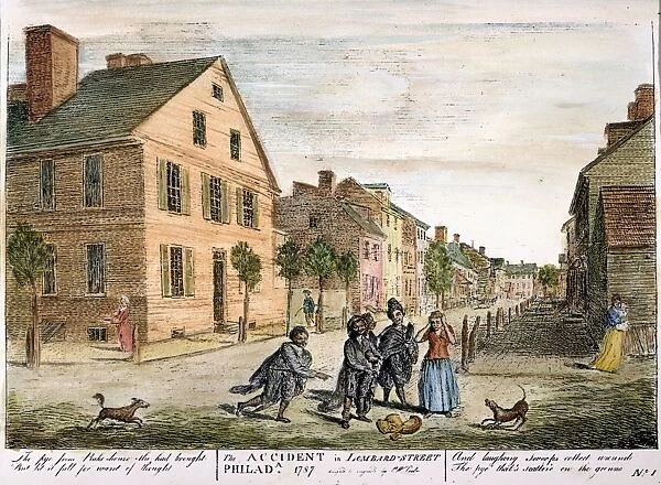 PHILADELPHIA, 1787. The Accident in Lombard-Street, Philadelphia (Returning home from a bake-house, a housewife had dropped her pie to the amusement of passing chimneysweeps): etching and engraving by Charles Willson Peale, 1787