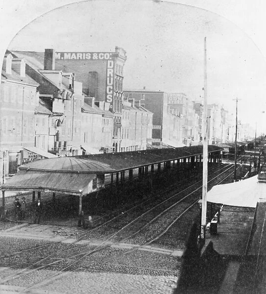 PHILADELPHIA, 1856. View of the street car station from Independence Hall, looking northwest