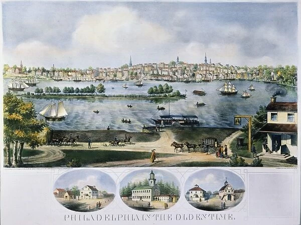 PHILADELPHIA, 18th CENTURY. Late 18th century view of the city and harbor. American lithograph