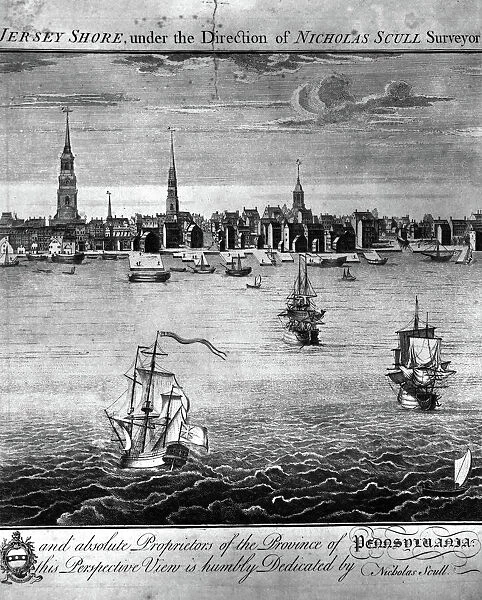 PHILADELPHIA, 18th CENTURY. Perspective view of Philadelphia. Line engraving according the the surveys of Nicholas Scull, mid 18th century
