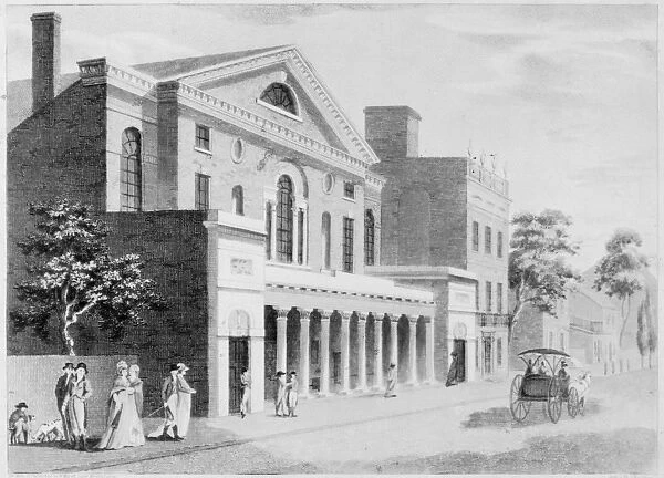PHILADELPHIA: THEATER. Theater on Chestnut Street in Philadelphia, Pennsylvania. Line engraving, c1800