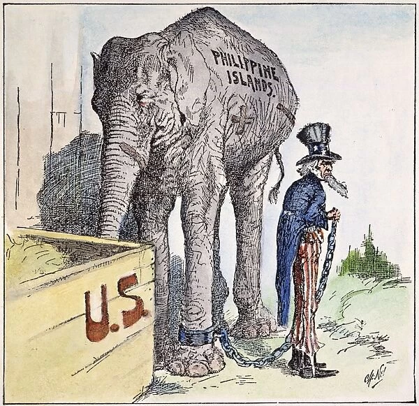 PHILIPPIINES CARTOON, 1898 What Will He Do With it?: Having acquired the Philippines, Uncle Sam ponders how to deal with that country: American cartoon, 1898, by Charles Nelan