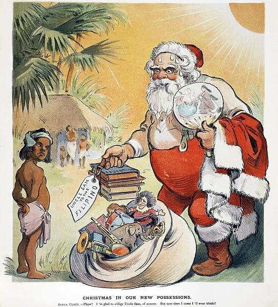 PHILIPPINE CARTOON, 1902. An American cartoon of 1902 depicting an overheated Uncle Sam bringing gifts to a dubious