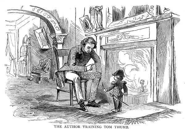 PHINEAS TAYLOR BARNUM (1810-1891). American showman. Barnum with General Tom Thumb. Wood engraving, 19th century