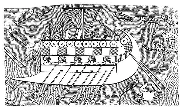 PHOENICIAN BIREME. A Phoenecian bireme ship. Engraving