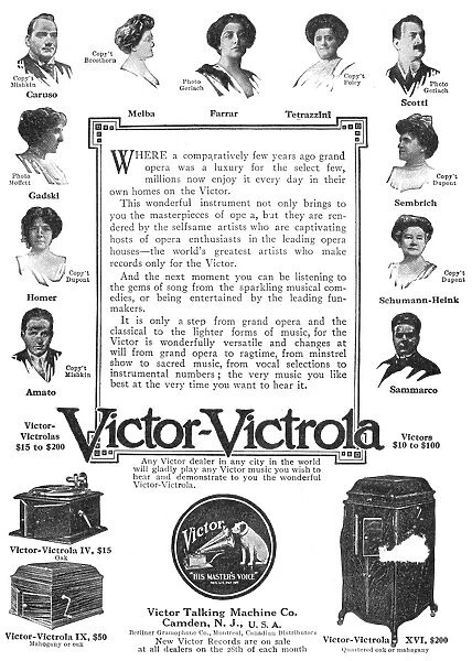PHONOGRAPH AD, 1912. Victor-Victrola phonographs. American magazine advertisement, 1912