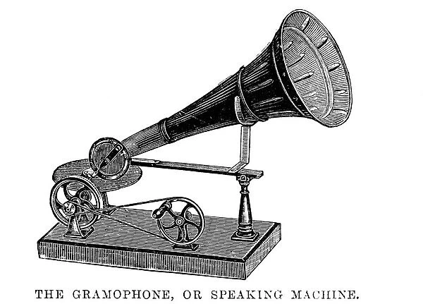PHONOGRAPHS: GRAMOPHONE. Invented by Emile Berliner in 1887. Wood engraving, English, 1891