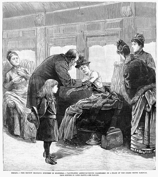 A phycisian vaccinating American-bound passsengers on a railroad train from Montreal, Canada, site of a smallpox epidemic. Wood engraving, American, 1885