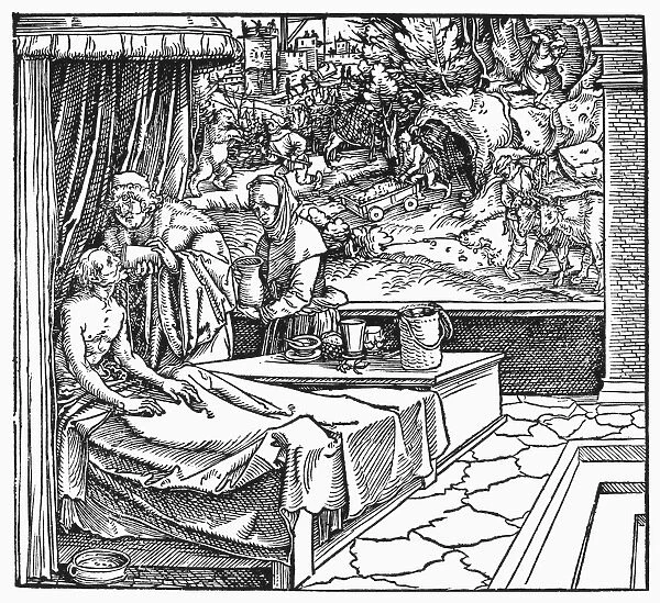 A physician ministereing to a patient. Woodcut, 1531, by Hans Weiditz